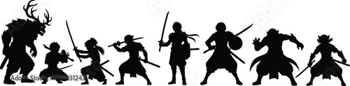 Fantasy warriors silhouettes, mythical beast, battle scene, weapon fighters, sword and spear, shield defense, heroic characters, epic confrontation, dark illustration, legend