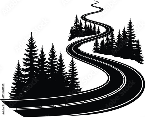 Forest road vector, scenic drive illustration, winding highway silhouette art, pine tree landscape design, nature journey graphics, adventure travel concept