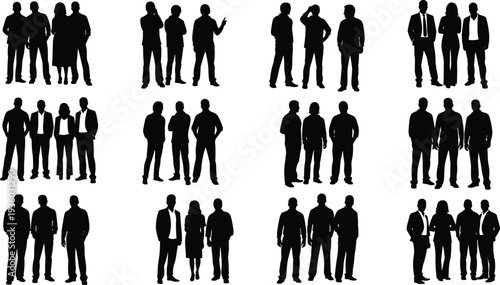 Group of people silhouettes, teamwork collaboration, business colleagues, social interaction, office workers, casual standing, professional attire, communication, unity, partnership