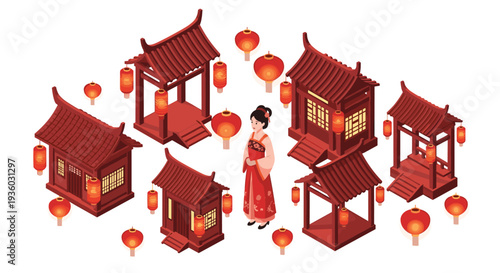 A woman in a traditional red Chinese dress is standing among several red wooden buildings and glowing lanterns.