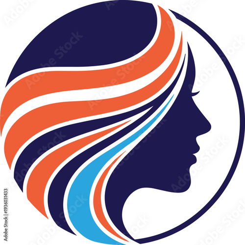 Abstract Woman Face with Flowing Hair Vector Logo Elegant Female Beauty Silhouette in Circle Frame for Salon, Spa, Cosmetics, Haircare and Fashion Branding Design
