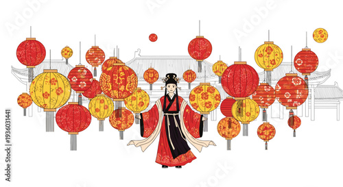 A woman in an elaborate red and black traditional Chinese dress is surrounded by many floating red and yellow lanterns.