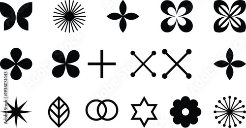 Abstract geometric flower and symbol icon set, modern decorative shapes collection for logo design, branding, patterns and minimalist vector elements
