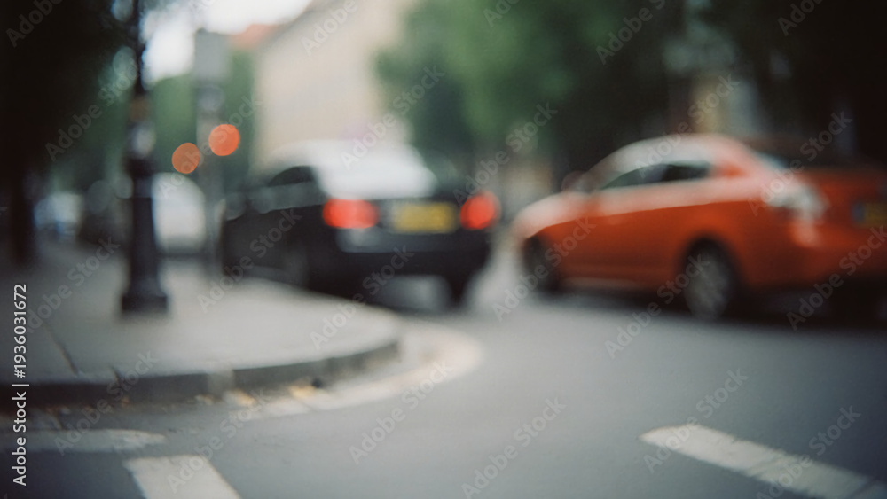 Fototapeta premium Cars Navigating a Busy City Street During a Cloudy Afternoon, Capturing the Energy of Urban Life Filled With Movement and Anticipation Generative AI
