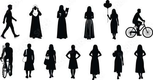 Human silhouettes vector, diverse people activities, walking cycling dancing figures, casual lifestyle illustration, posture design art, community concept, interaction graphics