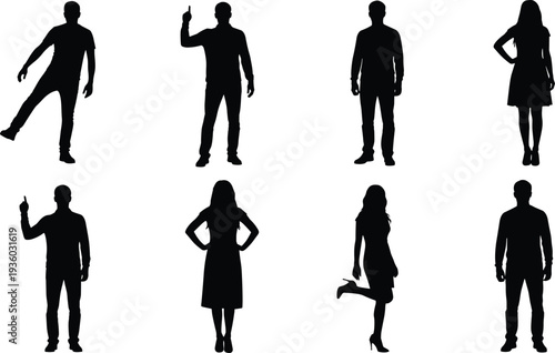 Human silhouettes vector, diverse standing gestures, male female figures illustration, posture design art, expressive body language graphics, casual stance concept