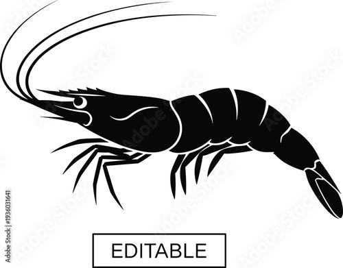 Black Shrimp or Prawn Silhouette Vector Illustration Editable Marine Crustacean Seafood Icon Isolated on White Background Ideal for Logo Design, Seafood Branding, Fishery Ocean Themes
