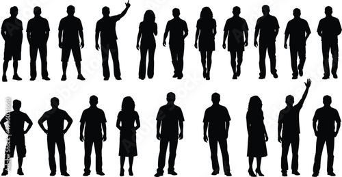 Human silhouettes vector, diverse standing poses, male female figures illustration, posture design art, casual gesture graphics, body language concept