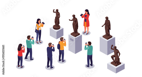 Visitors are actively photographing multiple bronze classical statues displayed on light gray pedestals within a museum gallery setting.