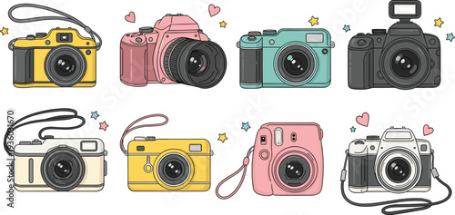 Cute colorful camera collection flat vector illustration set with retro and modern photography devices for creative media design