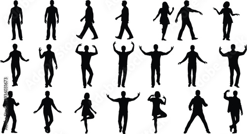 Human silhouettes vector, diverse standing dancing poses, male female figures illustration, expressive posture design art, gesture graphics, body language concept