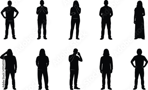 Human silhouettes vector, diverse standing gestures, male female figures illustration, posture design art, expressive body language graphics, casual stance concept