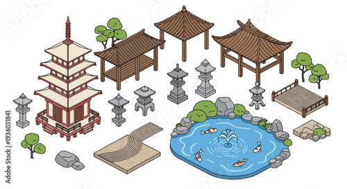 Various traditional Japanese garden elements, including a pagoda, gazebos, stone lanterns, and a koi pond, are arranged on a white background.