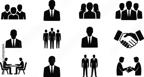 Business people and teamwork silhouette icon set with handshake, meeting and corporate leader symbols, professional management and partnership vector illustration
