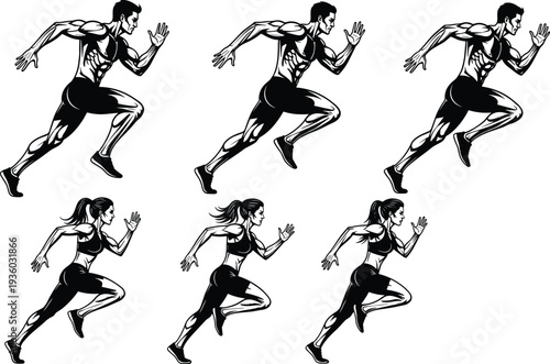 Male runners silhouettes, female runners silhouettes, sprinting athletes, fitness training, sports illustration, athletic motion, running sequence, dynamic pose, exercise, health