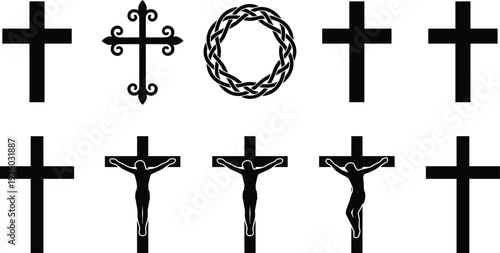 Christian cross and crucifix silhouette icon set, Jesus Christ crucifixion religious symbols collection isolated on white background for church, faith, worship and Christianity design