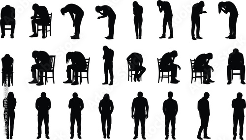 Sad people silhouettes, emotional distress, contemplative posture, sitting hunched, standing bowed, introspection, nonverbal communication, psychology illustration, mental state, body language