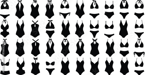 Women’s swimsuits silhouettes, one‑piece swimwear, two‑piece bikini, fashion design, halter neck, bandeau, triangle top, cut‑out, strappy style, beachwear