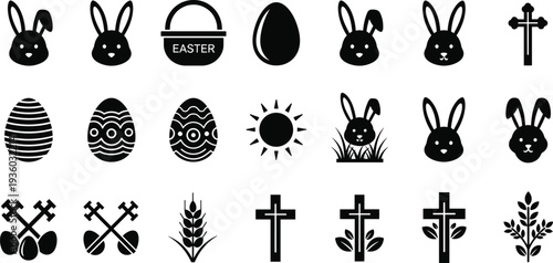 Easter icon set with bunny, eggs, cross and basket silhouettes, Christian holiday symbols collection, minimalist black vector elements for spring celebration design