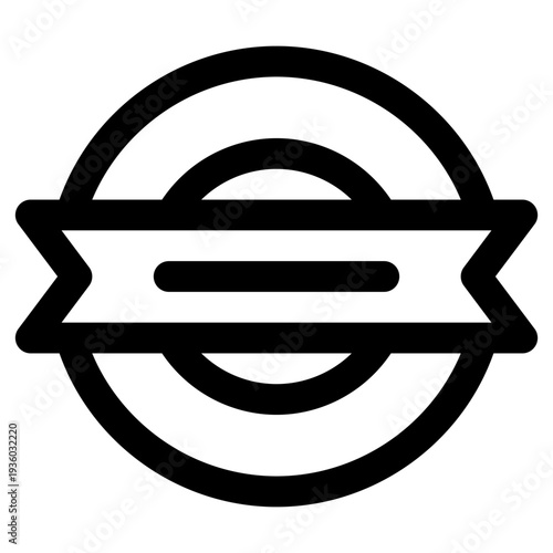 A clean outline badge icon featuring a horizontal ribbon banner. Ideal for labels, emblems, and stamps.