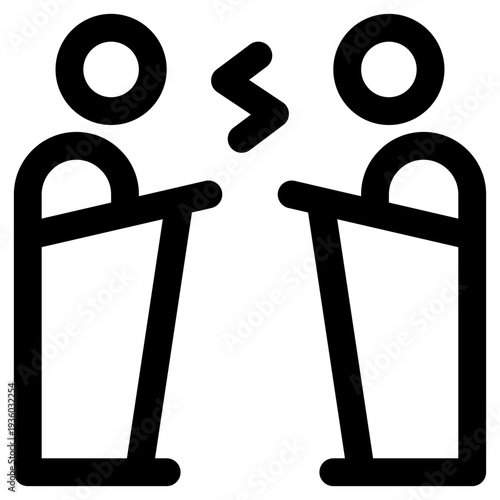 Vector graphic featuring two stylized figures engaged in a discussion or argument, representing conflict and communication.