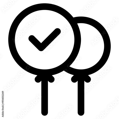 Vector icon depicting a successful task completion with a checkmark balloon and another plain balloon. Upward arrows symbolize approval, selection, and positive progress.