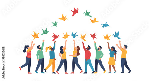 Ten diverse people stand in a line on a white background, reaching up towards a flock of colorful origami birds flying in an arc.