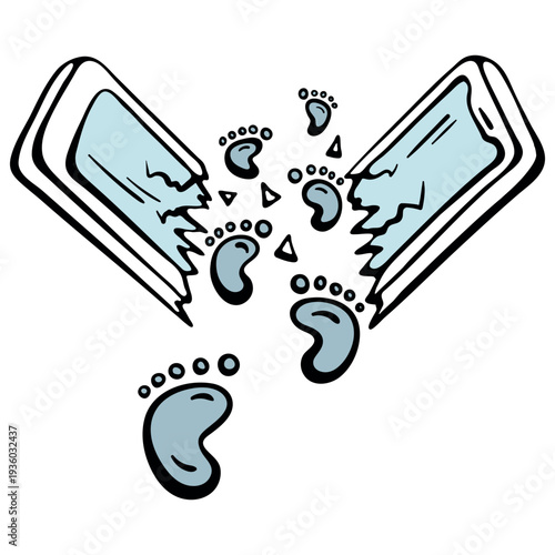 Disconnect from phone and freedom from technology icon. Broken smartphone and footprints walking away. Hand drawn doodle isolated on white