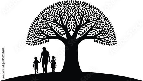 Father with children under tree silhouette illustration, family love and unity concept with nature tree of life symbol vector design