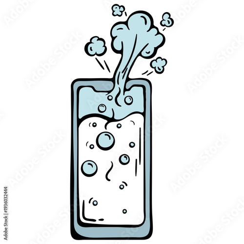 Digital burnout and information fatigue icon. Boiling smartphone with steam and bubbles. Hand drawn doodle isolated graphic