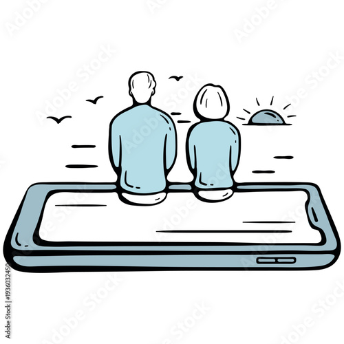 Device free zone and life without phones icon.Couple on giant smartphone watching sunset. Hand drawn doodle isolated