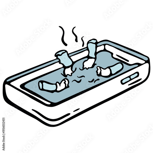 Digital toxicity and smartphone addiction icon. Ashtray mobile phone with cigarette butts and smoke. Hand drawn doodle isolated graphic