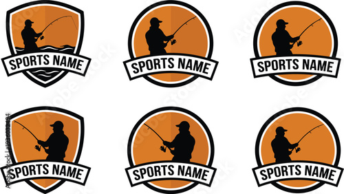 Fishing sport badge logo set with angler silhouette and rod, outdoor fisherman emblem collection for sport club branding, adventure logo and vector design