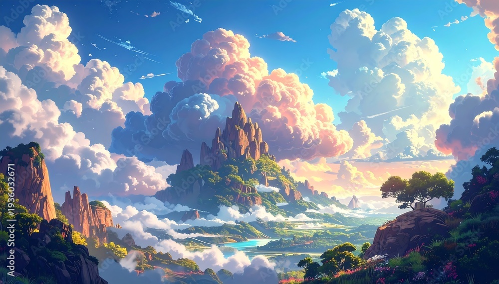 Fototapeta premium Fantasy Landscape with Castle Amidst Clouds and Lush Greenery.