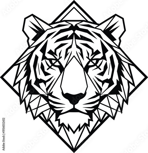 Geometric tiger head vector illustration, fierce wild animal polygonal line art logo isolated on white background, modern predator mascot design for branding, tattoo