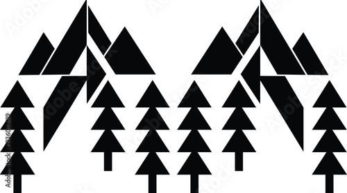 Geometric mountain and pine forest silhouette icons, minimalist nature landscape set for outdoor adventure, camping branding and wilderness vector design