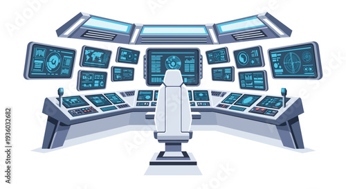 An expansive curved futuristic control panel with a central chair features numerous glowing blue screens displaying complex holographic data.