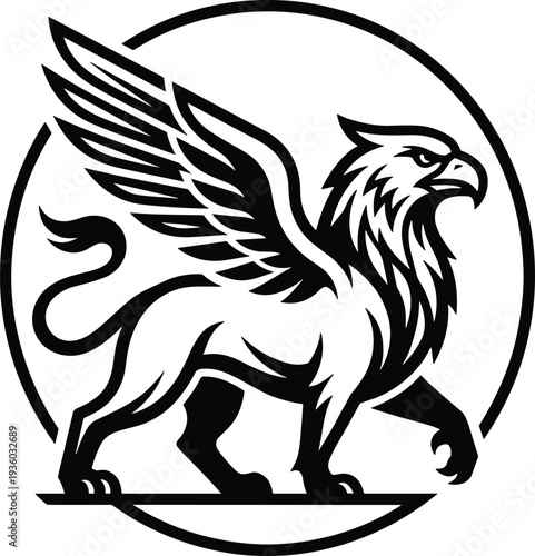 Griffin mythical creature silhouette logo with wings and lion body, fantasy heraldic emblem vector for medieval symbol, mascot branding, tattoo and mythology design