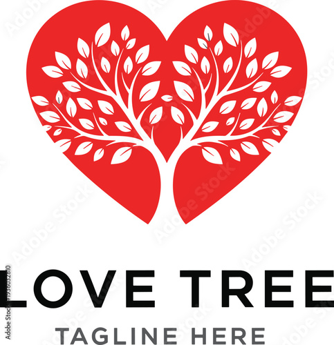 Heart Tree Love Logo Vector Romantic Nature Symbol with Leaf Branches Forming Heart Shape for Wedding, Charity, Eco Brand, Valentine and Relationship Design