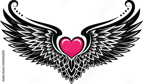 Heart with Angel Wings Vector Illustration Romantic Love Symbol with Decorative Feather Wings Isolated on White Background for Tattoo, Valentine Design, Logo, and EmblemHeart with Angel
