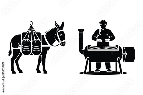 Donkey Carrying Supplies and Chef at Smoker Grill