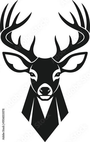 Minimalist deer head silhouette logo with antlers, elegant black stag emblem vector design isolated on white background, modern wildlife icon for branding, tattoo, hunting club identity