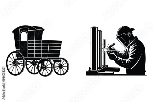 Welder and Old Wagon Vector Silhouettes