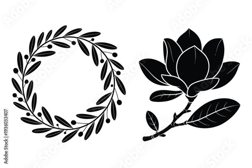 Magnolia Flower Branch and Laurel Wreath Vector