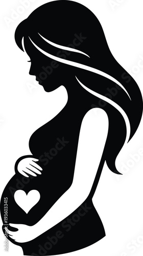 Pregnant woman silhouette with baby heart symbol, motherhood and maternity concept illustration, expecting mother holding belly, pregnancy care, maternal love vector design