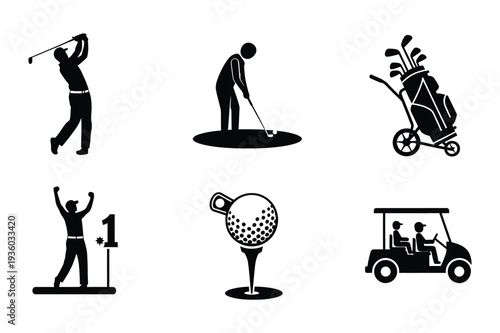 Golf Icon Set: Player, Cart, Bag, Ball, Hole