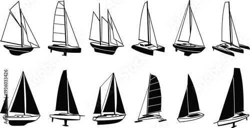 Sailboat silhouette icon set with different sailing yachts, nautical transport and sea adventure symbols for marine travel, sport sailing and vector design