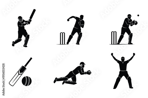 Cricket Sport Icons: Batsman, Bowler, Wicket