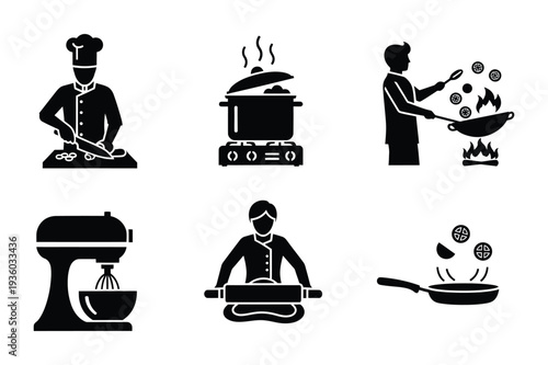 Cooking Icons: Chef, Stir-fry, Baking, Mixer