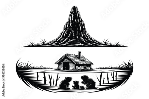 Beaver Family at Cabin Icon Vector